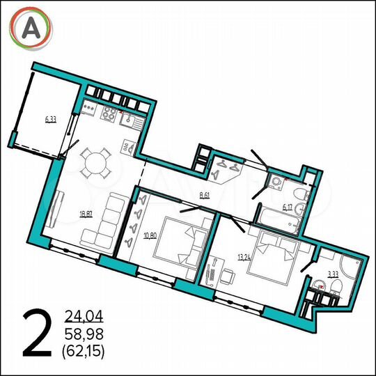 2-к. квартира, 62,2 м², 13/16 эт.