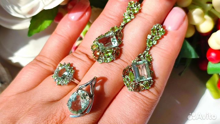 Серьги/кольцо/кулон с празиолитом и др серебро 925