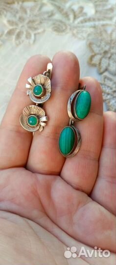 Серьги СССР серебро, нефрит перстень