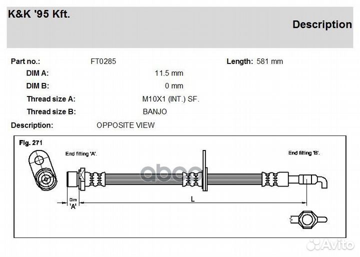 FT0285 K&K Шланг тормозной передний левый FT028