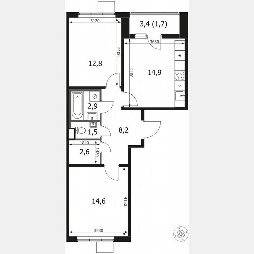 2-к. квартира, 59,2 м², 8/14 эт.
