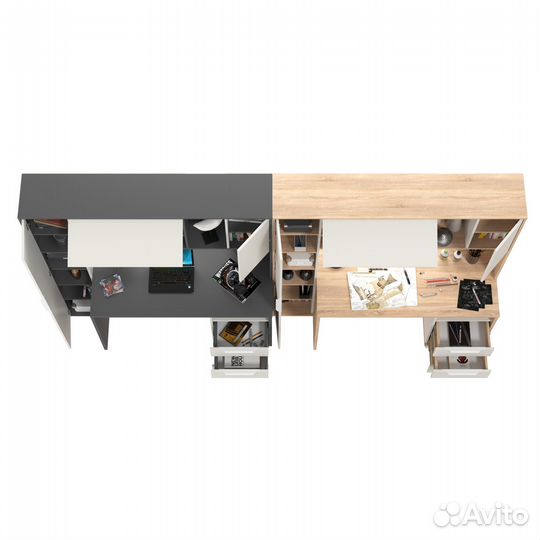 Два компьютерных стола Mobi Комфорт 12.95N с пеналом и тумбой сонома/тёмно-серый/белый