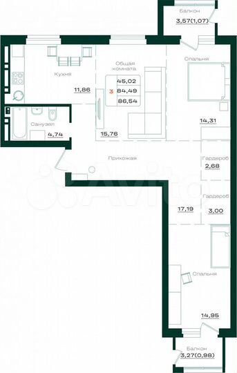 3-к. квартира, 86,5 м², 18/21 эт.