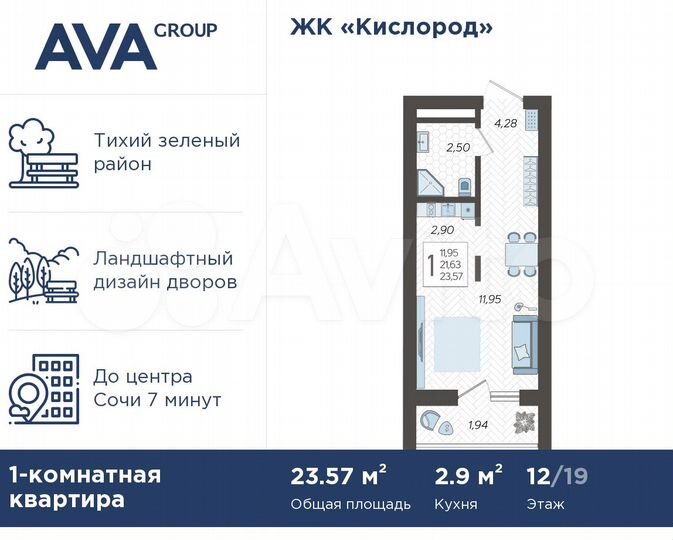 Квартира-студия, 23,6 м², 12/19 эт.