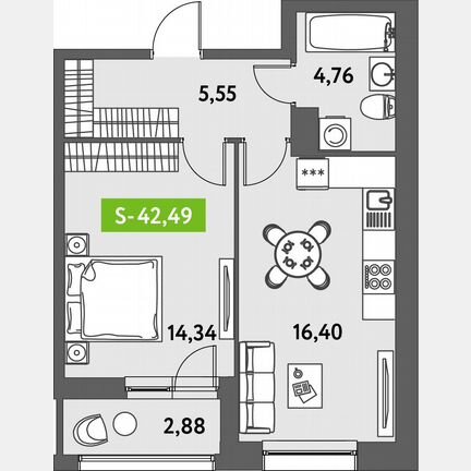1-к. квартира, 42,5 м², 3/12 эт.