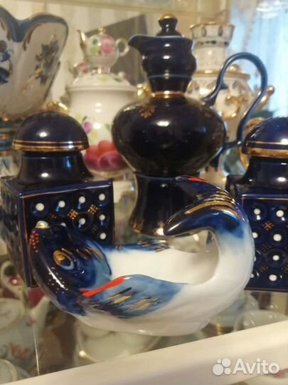 Графин и чайницы cobalt, фарфор, позолота. СССР