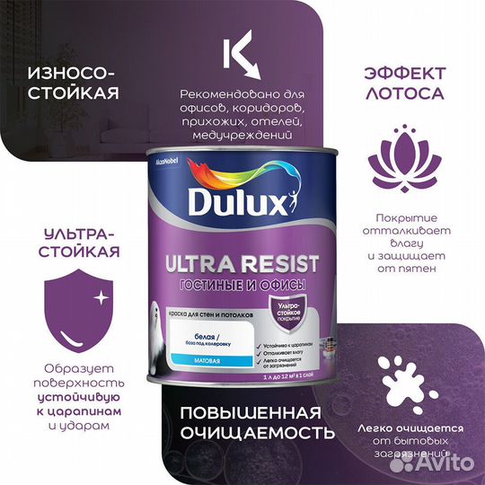 Краска моющаяся Dulux Ultra Resist гостиные и офисы база BW белая 9 л