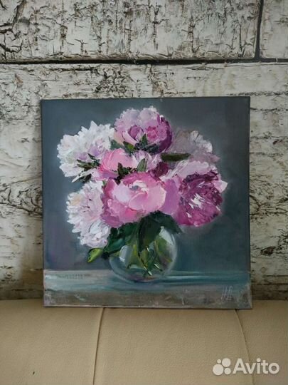 Пионы картина маслом. Цветы. Квадратная картина