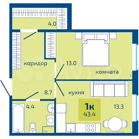 1-к. квартира, 43,4 м², 1/10 эт.