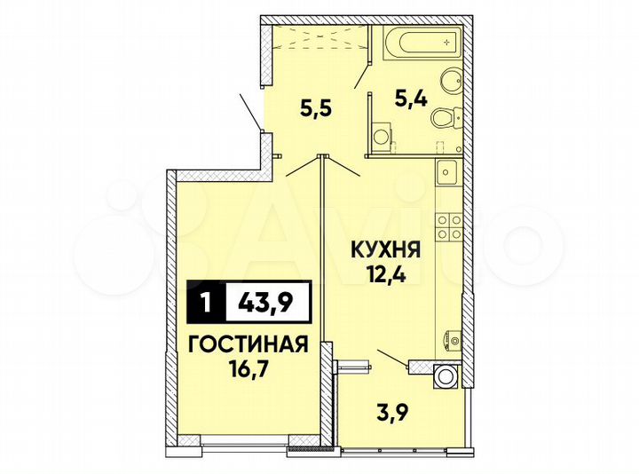 1-к. квартира, 44 м², 1/24 эт.