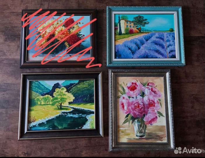 Картины маслом, букеты и пейзажи, в багете