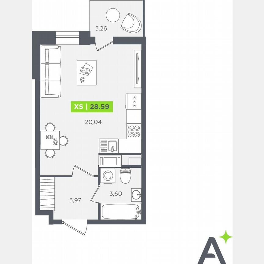 Квартира-студия, 28,6 м², 8/12 эт.