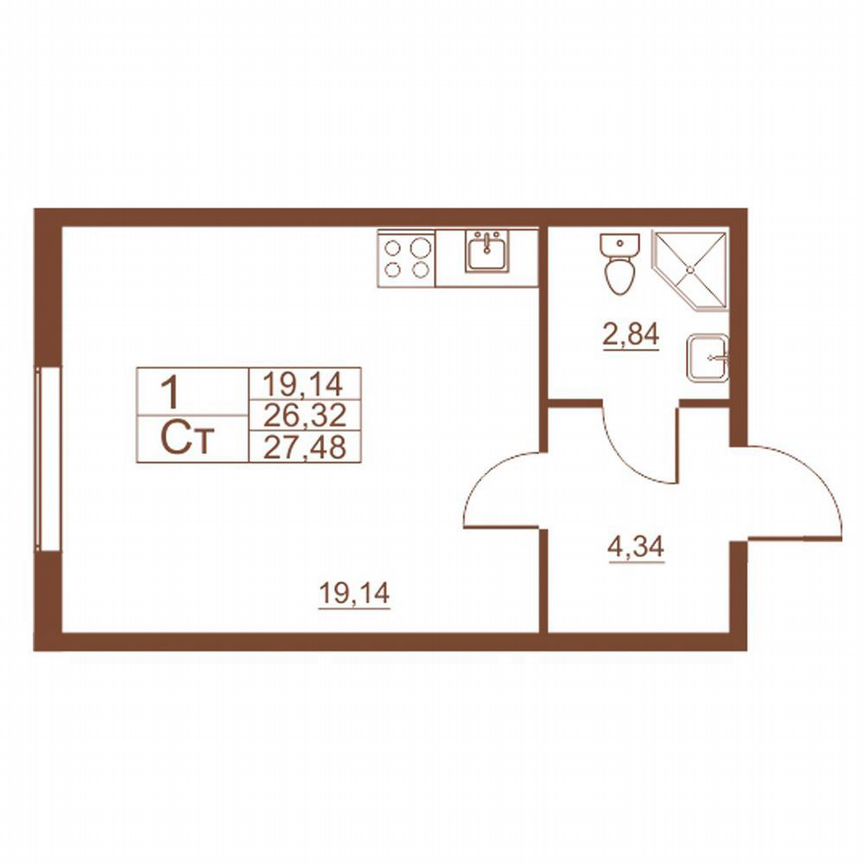 Квартира-студия, 26,8 м², 1/11 эт.