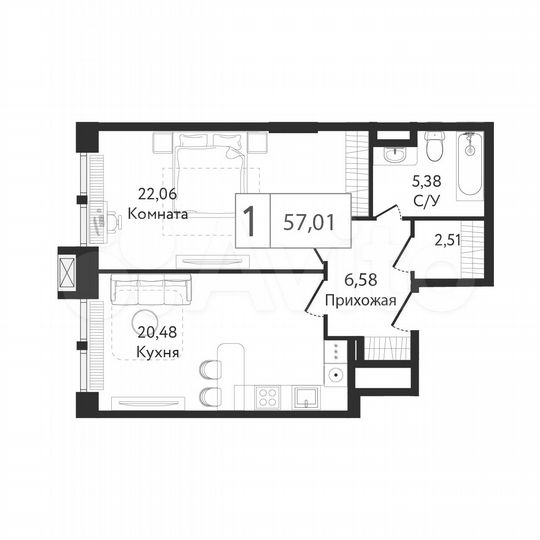 1-к. квартира, 57 м², 17/23 эт.