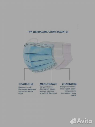 Маска медицинская одноразовая трехслойная, голубая