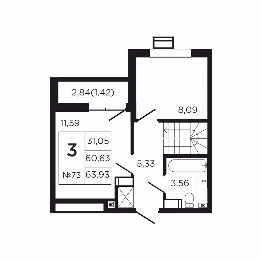 3-к. квартира, 68,9 м², 8/9 эт.