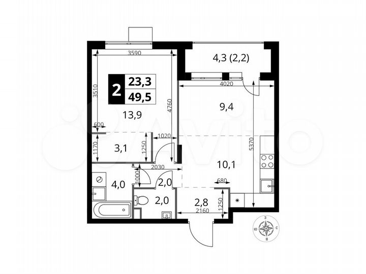 2-к. квартира, 49,5 м², 15/17 эт.