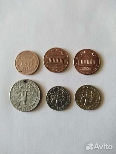 Монеты 7 шт. Лунный доллар. Центы. Квотер. Брак