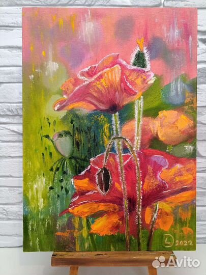 Маки красные картина маслом 25 х 35 см