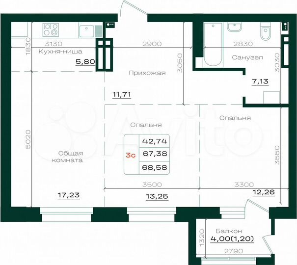 3-к. квартира, 68,6 м², 12/21 эт.