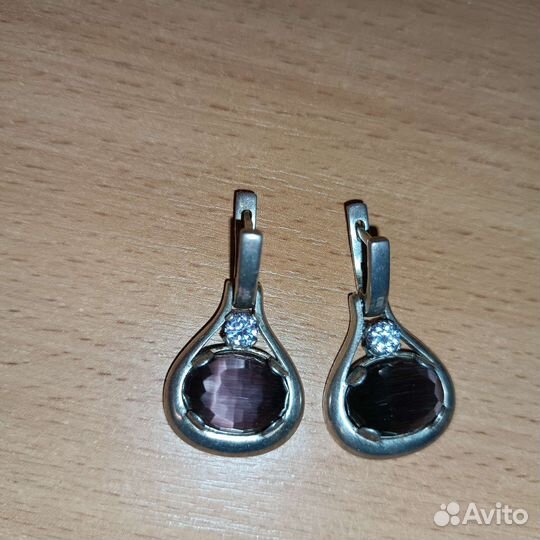 Серебряные серьги с кошачим глазом и аметистом