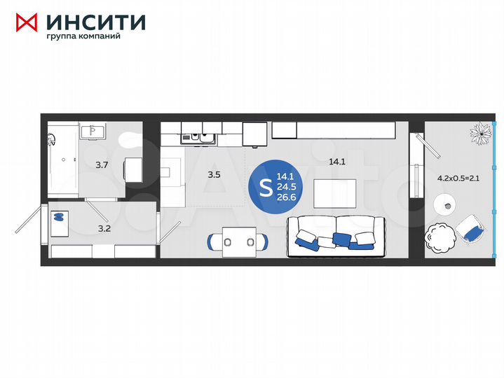 Квартира-студия, 26,6 м², 9/24 эт.