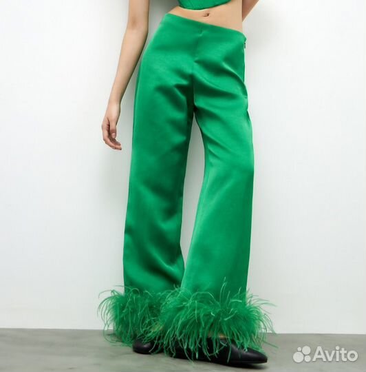 Зелёные брюки Lime с перьями XS
