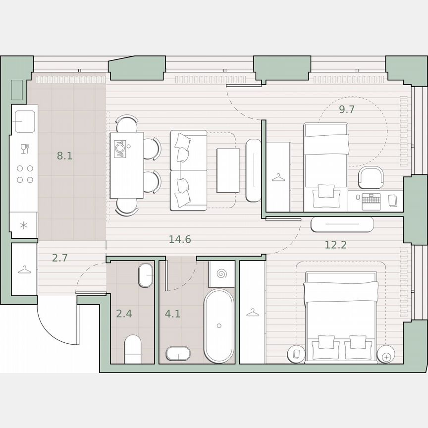 2-к. квартира, 53,8 м², 26/27 эт.