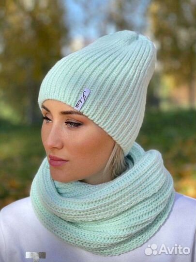 Шапка со снудом с шарфом зимняя тёплая вязаная