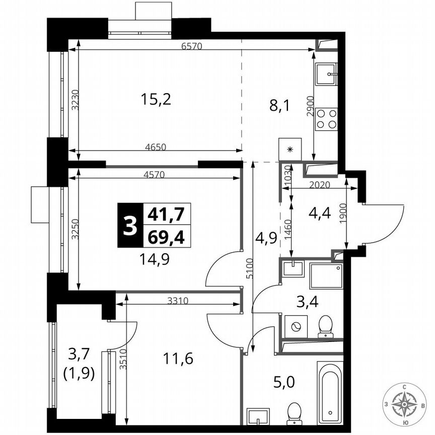 3-к. квартира, 69,4 м², 13/25 эт.