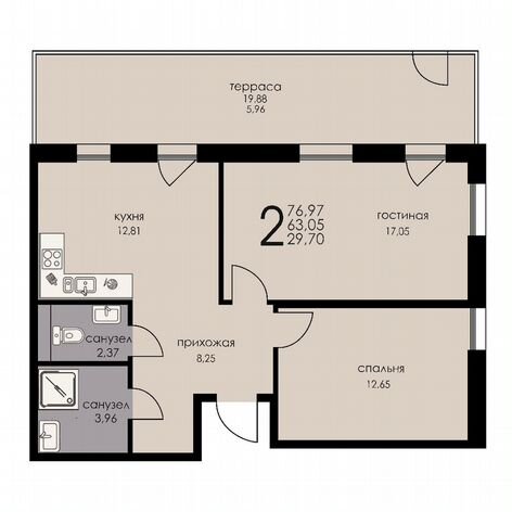2-к. апартаменты, 62,5 м², 1/6 эт.