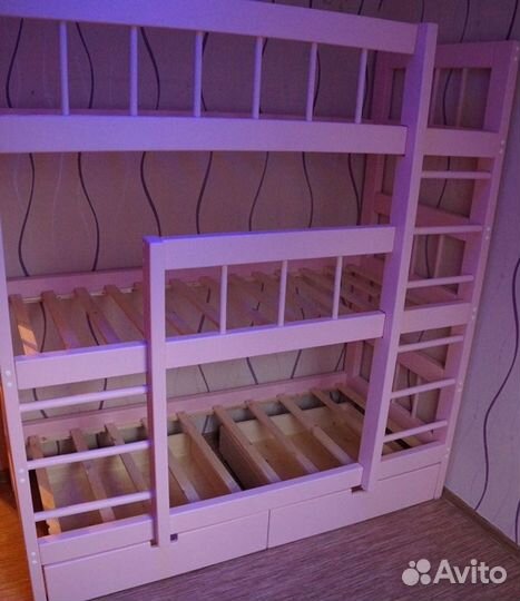 Трехъярусная кровать розовая с ящиками EcoSkarb