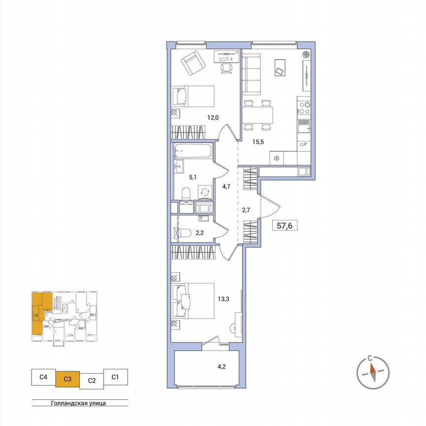 2-к. квартира, 57,6 м², 8/11 эт.