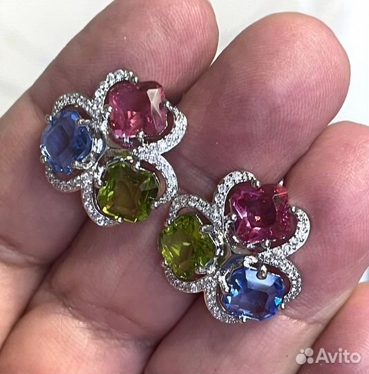 Серьги с мульти камнями серебро