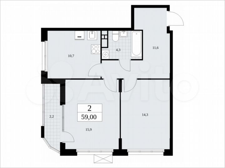 2-к. квартира, 59 м², 16/19 эт.