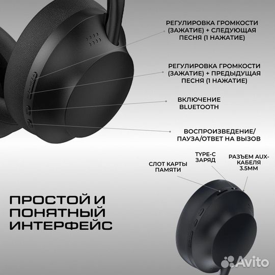 Наушники беспроводные большие черные Bluetooth