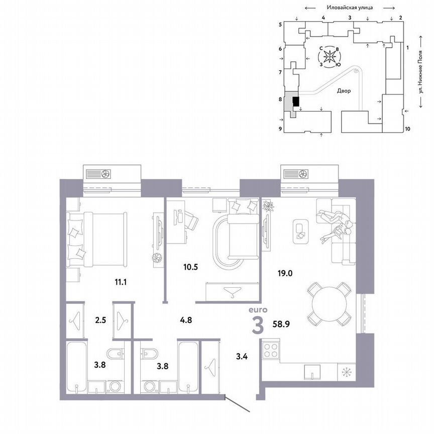 2-к. квартира, 58,9 м², 11/12 эт.