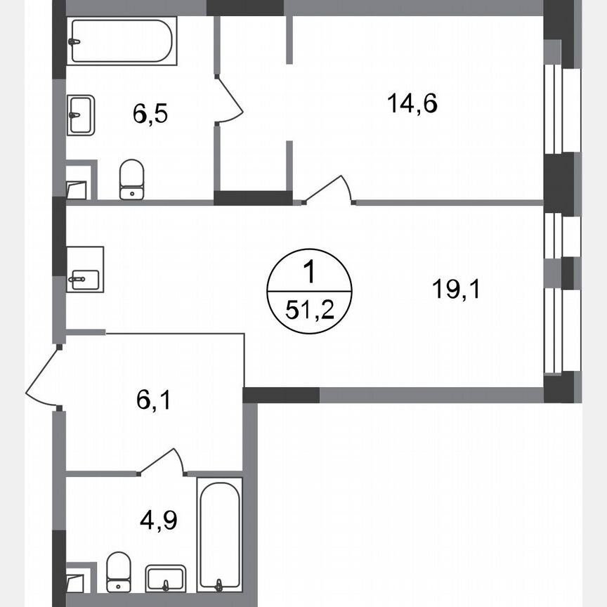 1-к. квартира, 51,2 м², 1/20 эт.