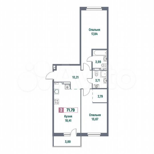2-к. квартира, 71,8 м², 9/16 эт.