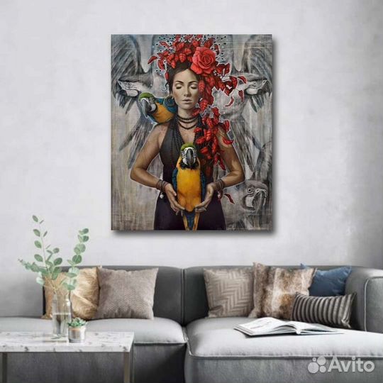 Картина маслом девушка с попугаями