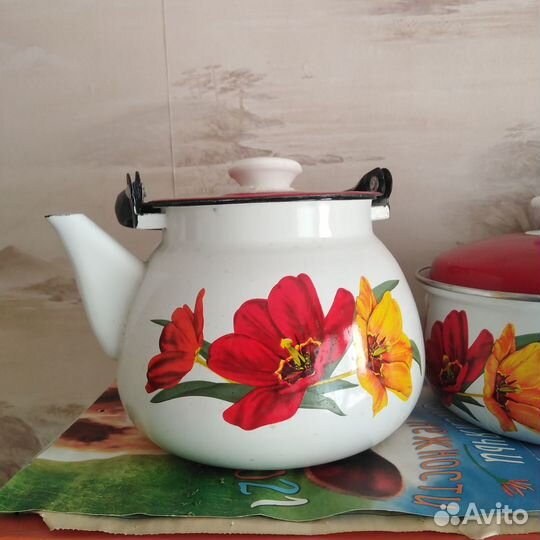 Набор эмалированных кастрюль с чайником