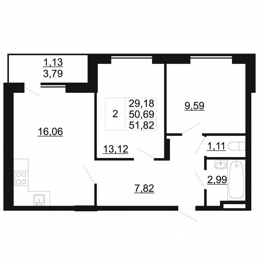 2-к. квартира, 51,8 м², 2/11 эт.