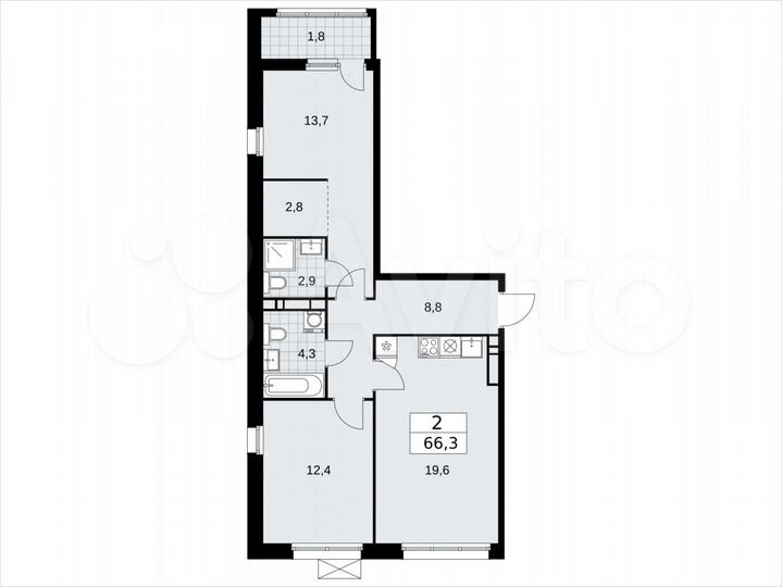 2-к. квартира, 66,3 м², 12/12 эт.