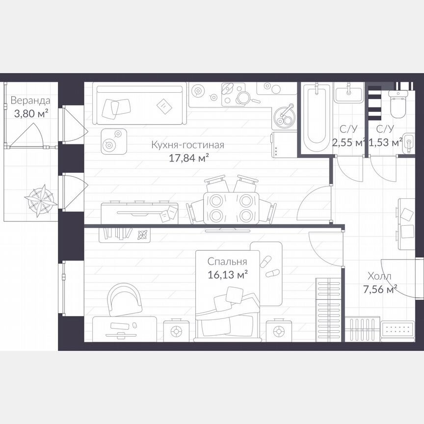 1-к. квартира, 48,9 м², 2/3 эт.