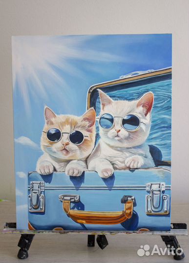 Картина маслом Котики поехали в отпуск Коты
