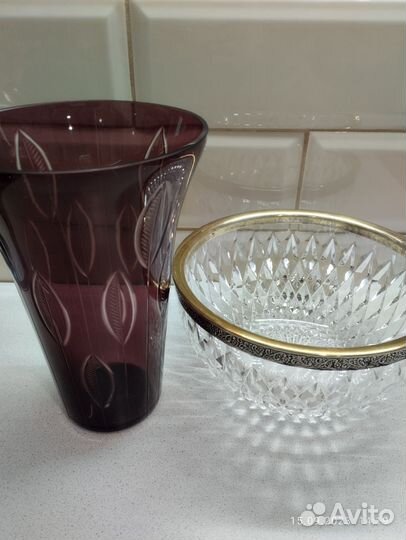 Ваза марганцевое стекло.Салатник хрусталь мельхиор