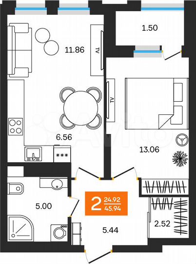 2-к. квартира, 45,9 м², 16/25 эт.