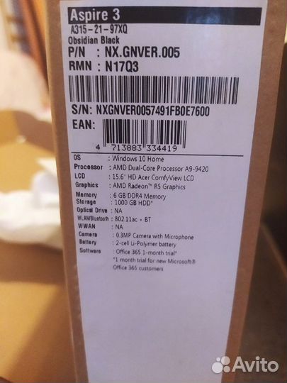 Ноутбук acer aspire 3 A315-21-97XQ