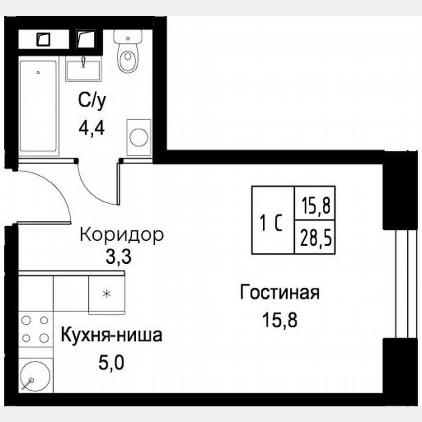 Апартаменты-студия, 28,5 м², 21/30 эт.