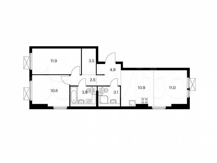 3-к. квартира, 62,2 м², 24/25 эт.